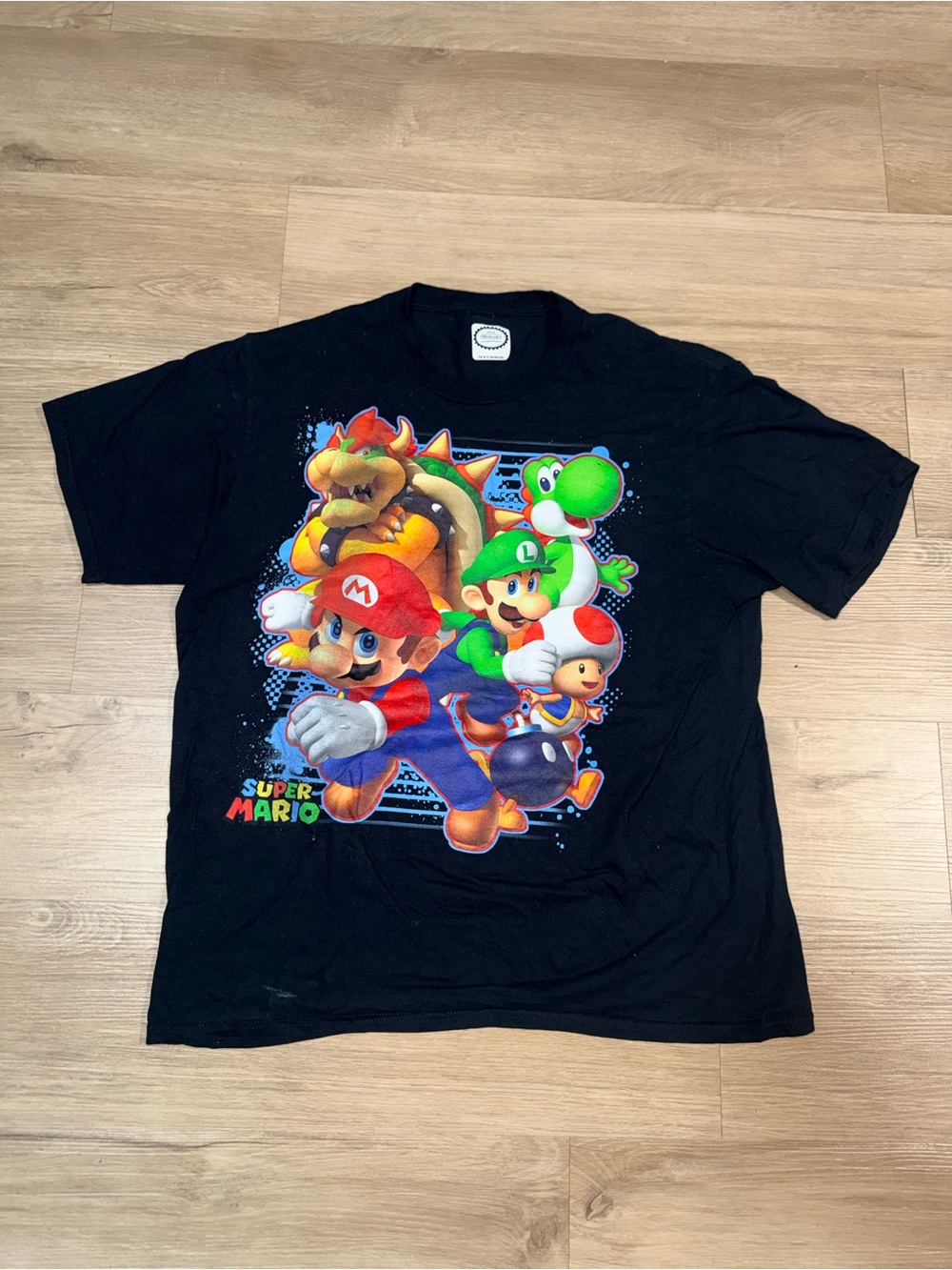 Nintendo Black T-Shirt with Multicolor Super Mario Character Collage